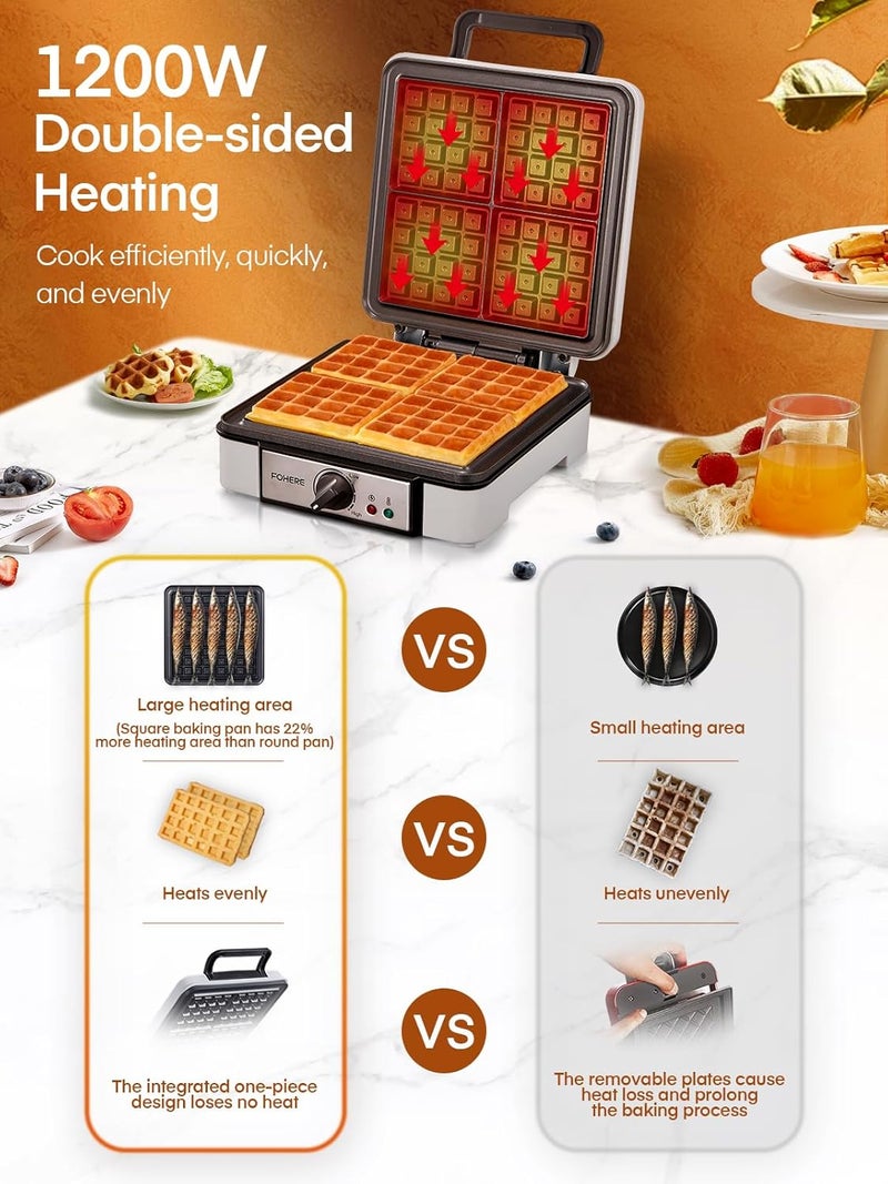 FOHERE Belgian Waffle Maker 4 Slices, 1200W Square Waffle Iron, 5 Browning Levels, Nonstick Plates, Cool-touch Handle, Anti-scald, Anti-overflow, Indicator Lights, Recipe, White (Large) - Image 2